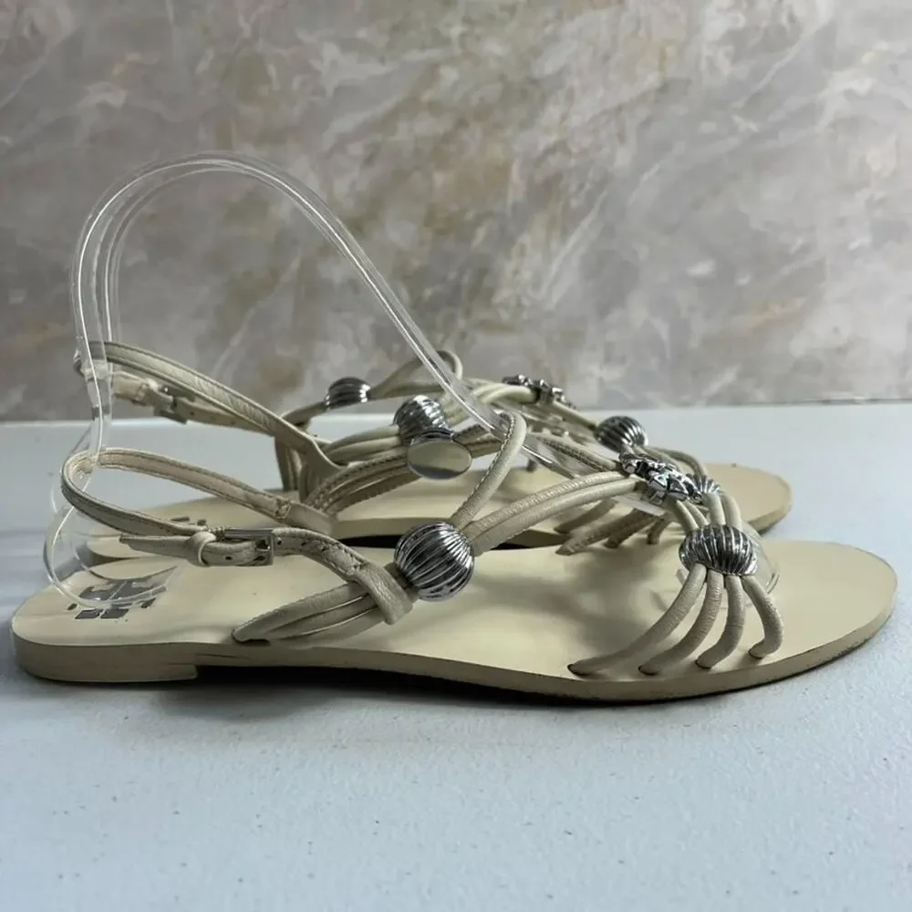 Tory Burch Sandals Women's 8.5 M Capri Multi Strap Ivory Leather Silver Charms